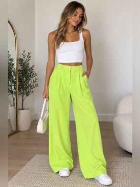 WeWoreWhat Size 2 Neon Lime Green High Rise Wide Leg Trousers Pants